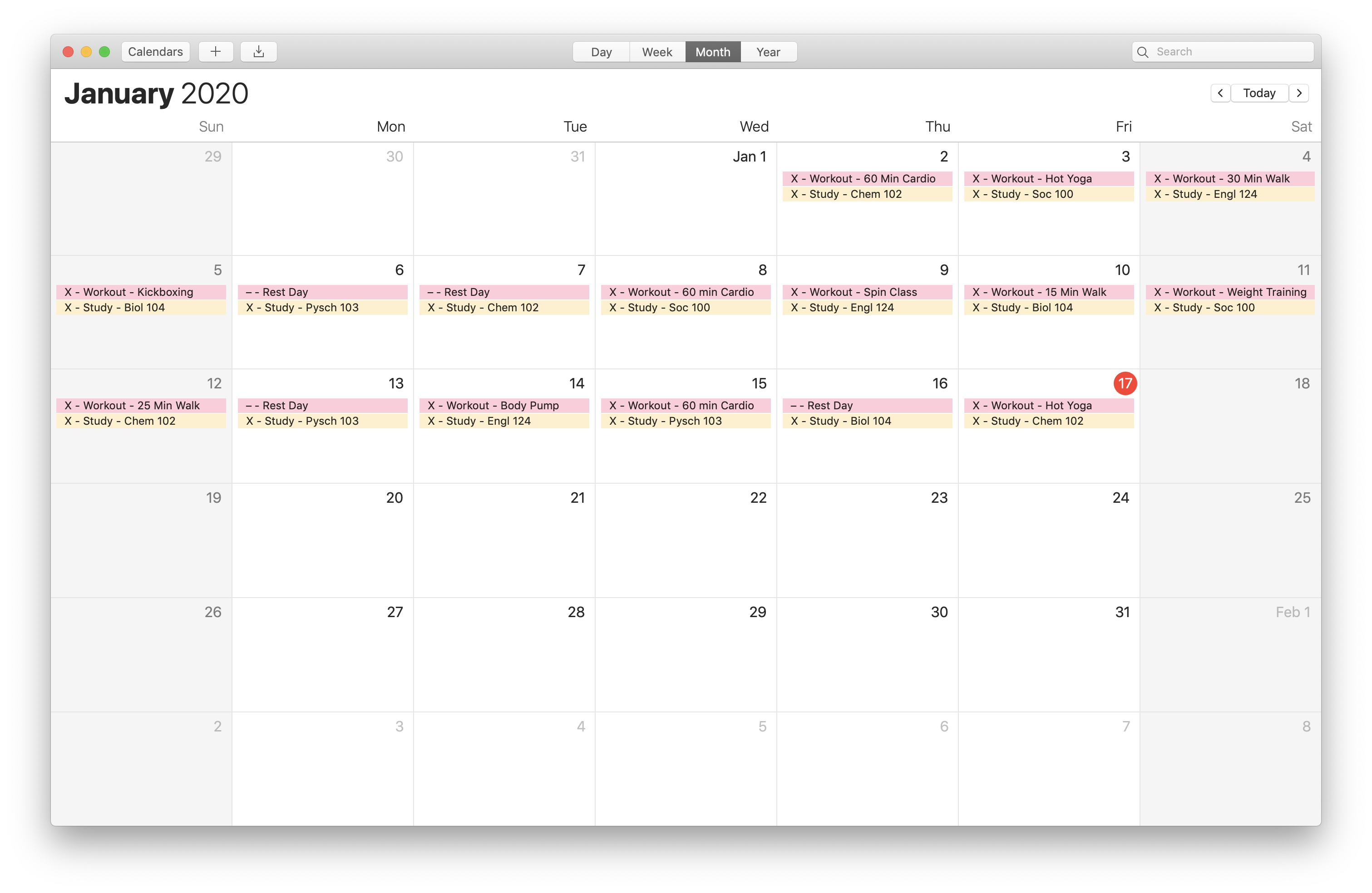 Mac Calendar streak screen capture