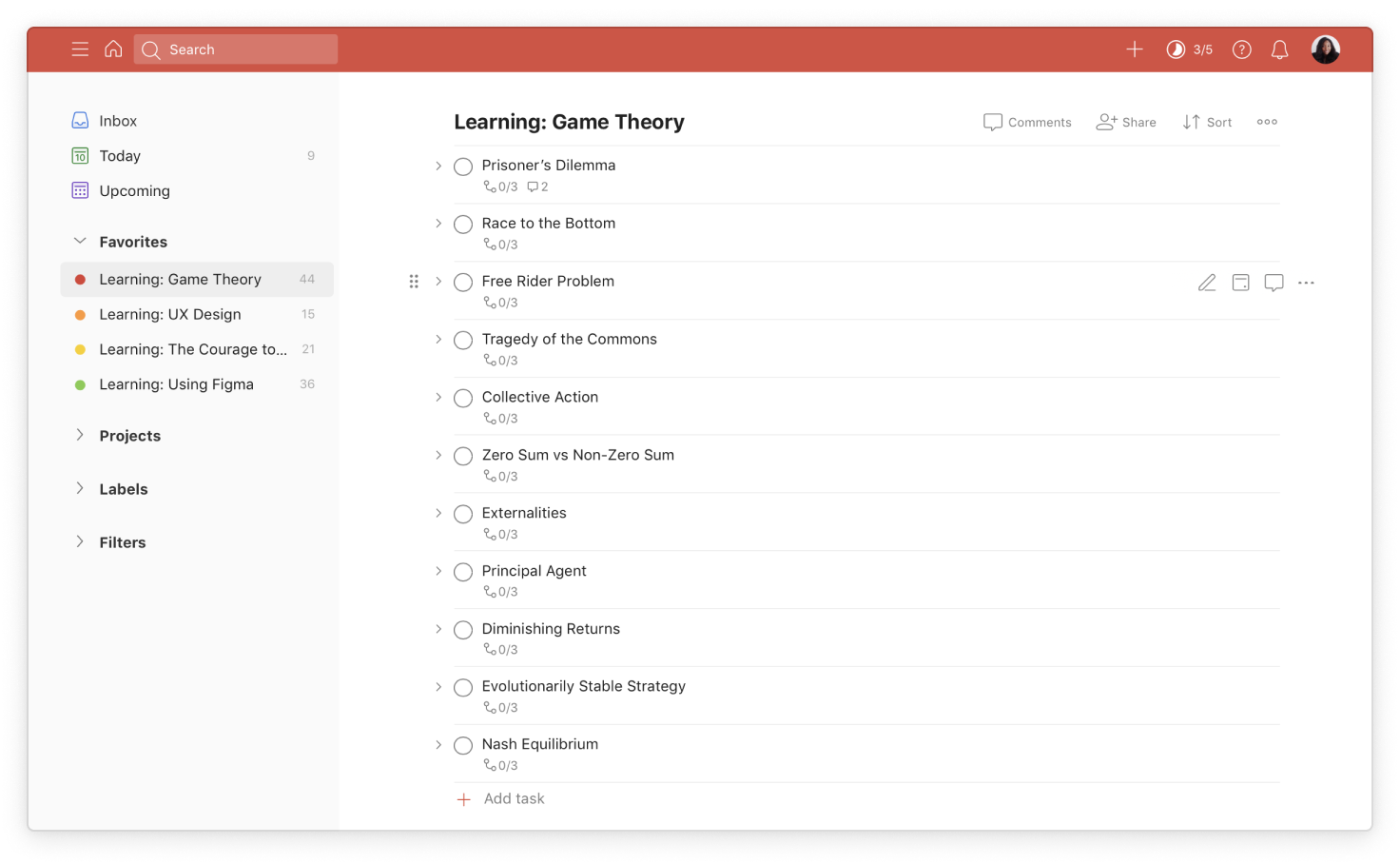 A screenshot of a Todoist project titled "Learning: Game Theory"
