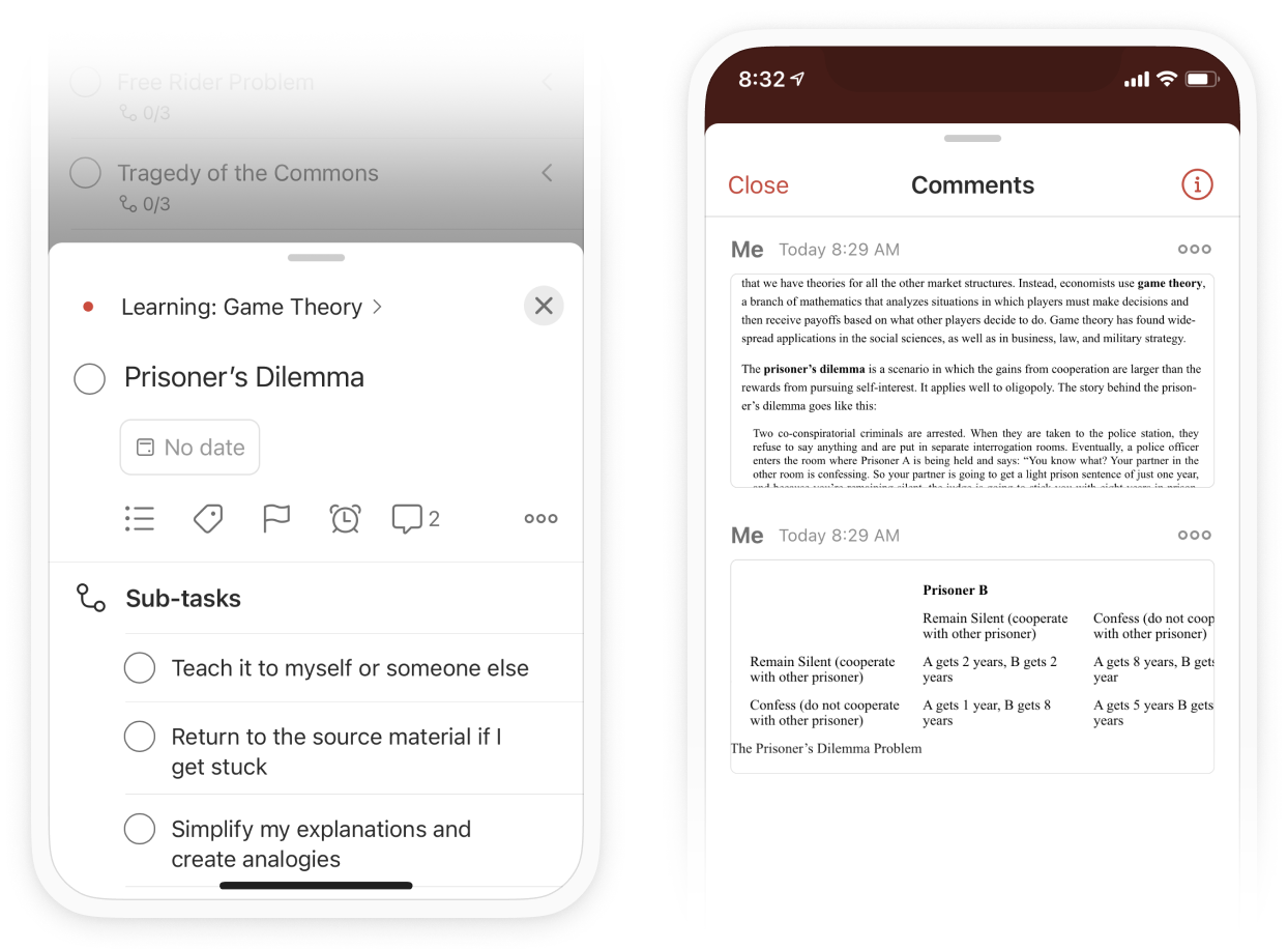 Two screenshots of a Todoist task on an Iphone. One showing a task with sub-tasks, the other showing attachements aded to the comments of a task.