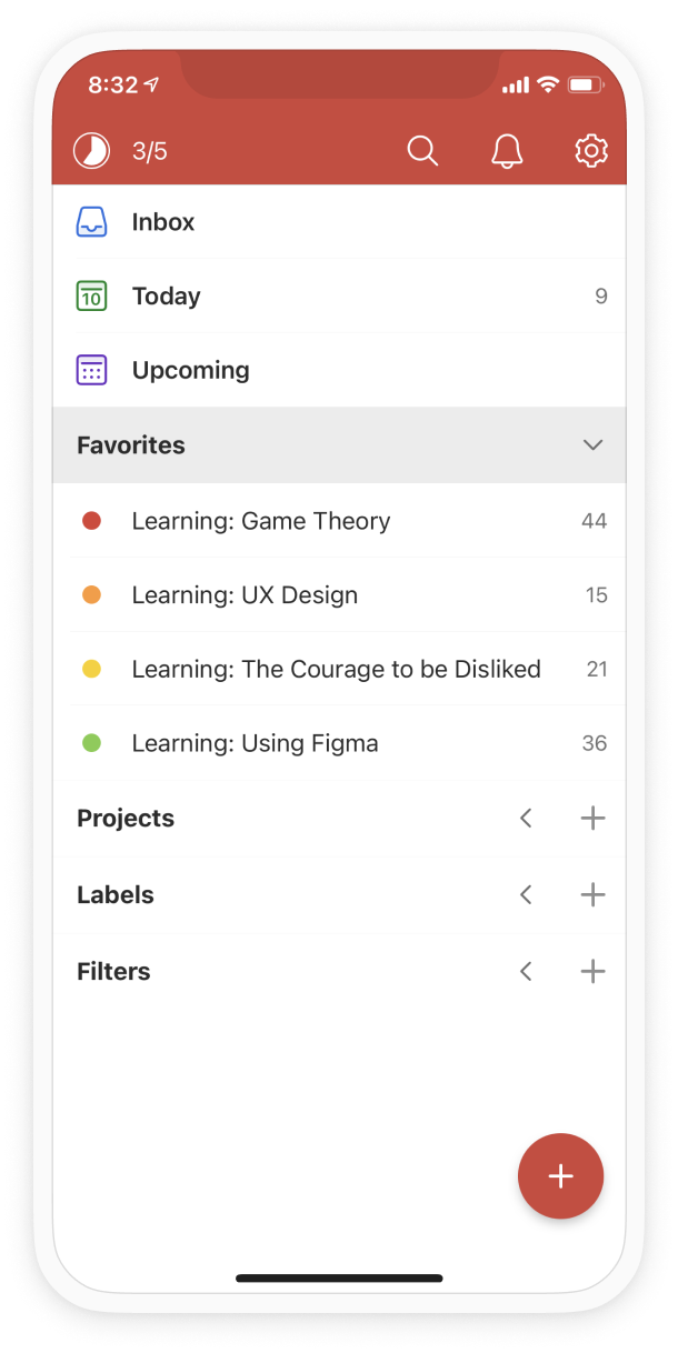 Screenshot of a Todoist favorites lists showing several projects about learning.