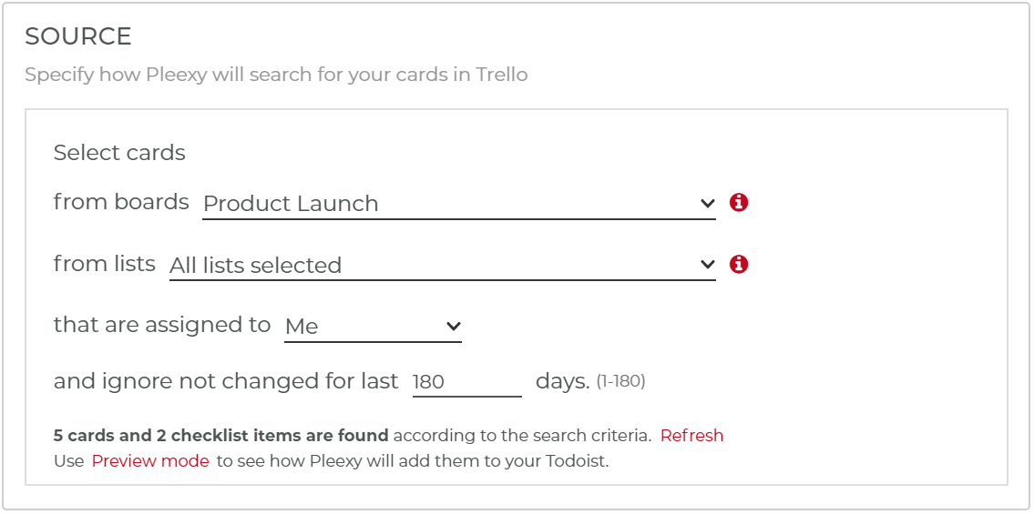 Pleexy source settings for Trello