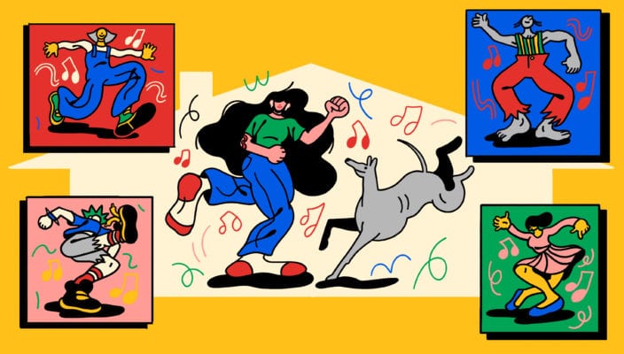 Illustration of people and a dog dancing in separate corners.