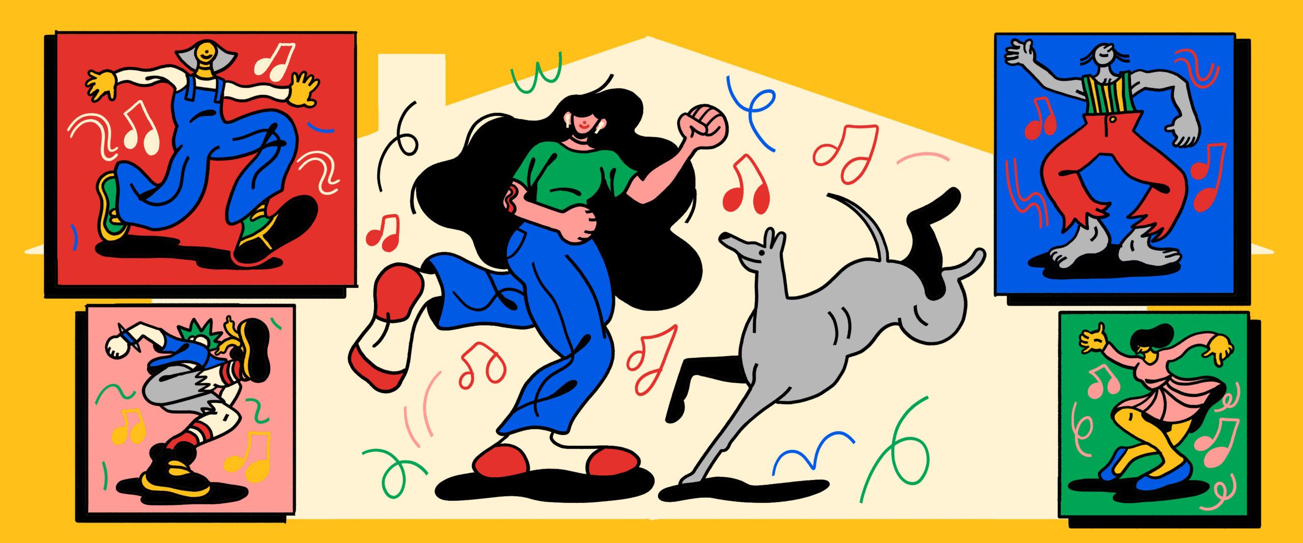 Illustration of people and a dog dancing in separate corners.