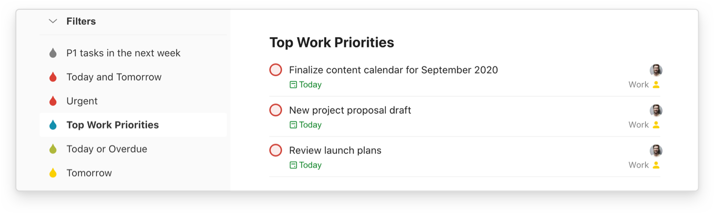 Top work priorities Filter view
