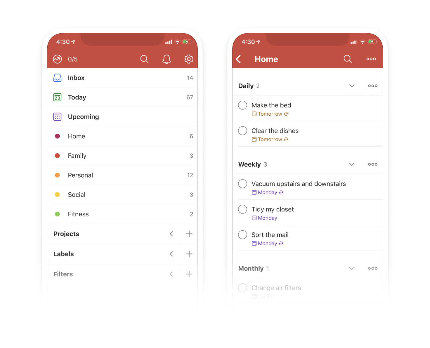 Create personal Todoist projects like "Family" and "Fitness"