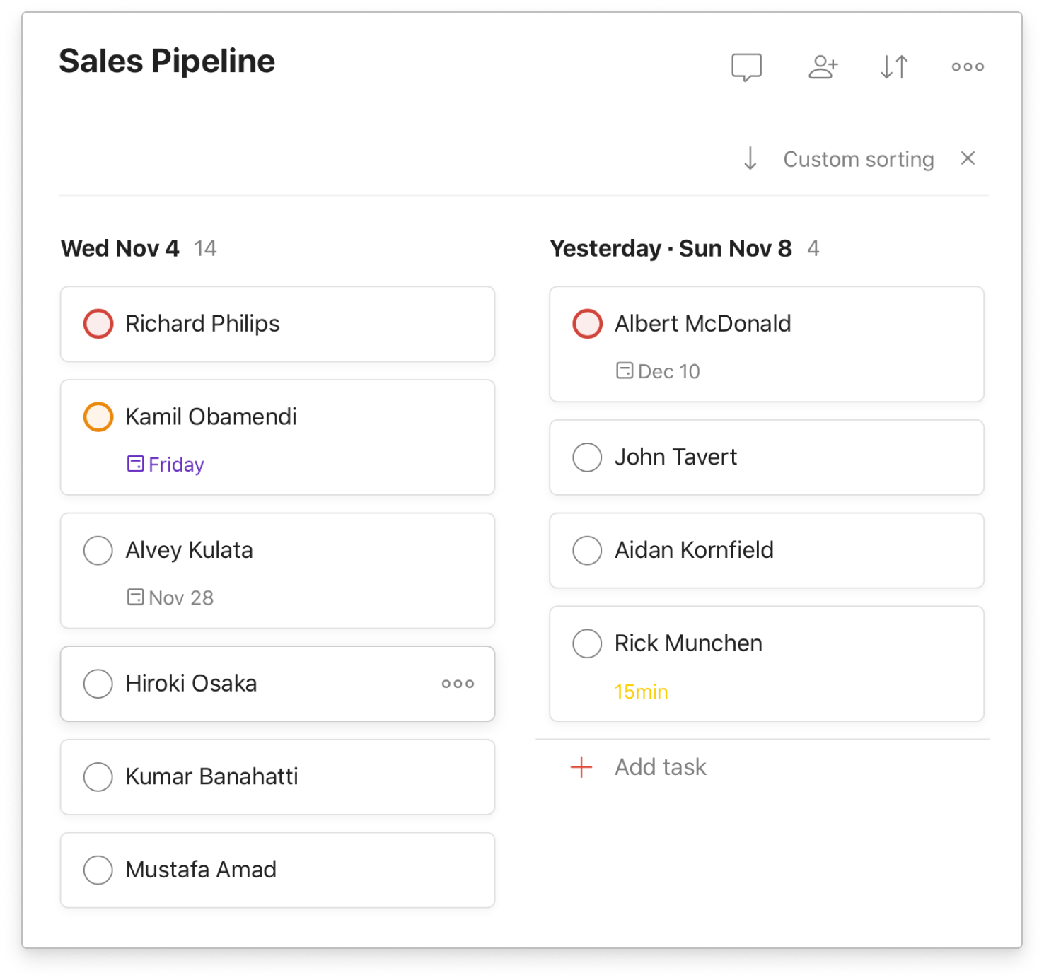 Todoist sorting Sales pipeline, grouped by date added
