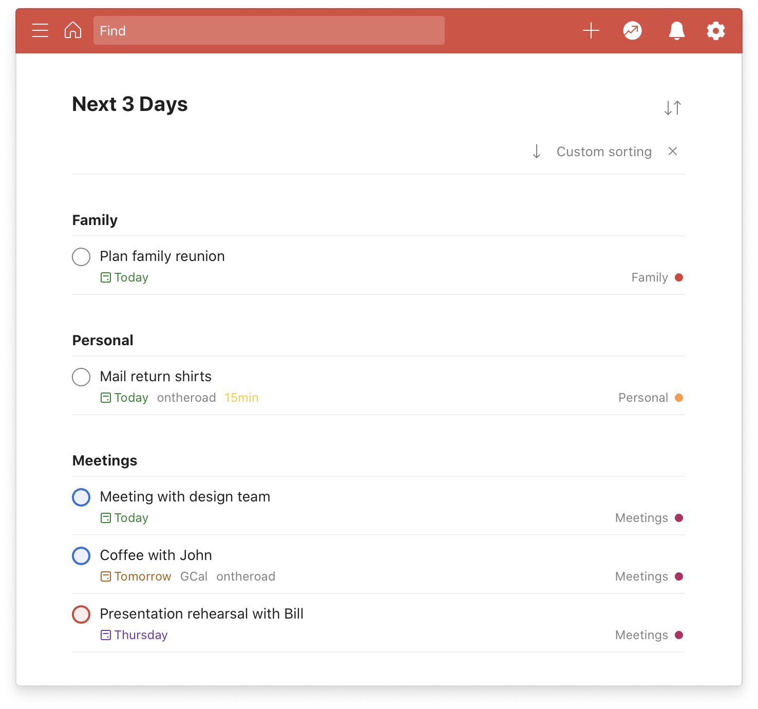 Todoist sorting Filter next 3 days grouped by project