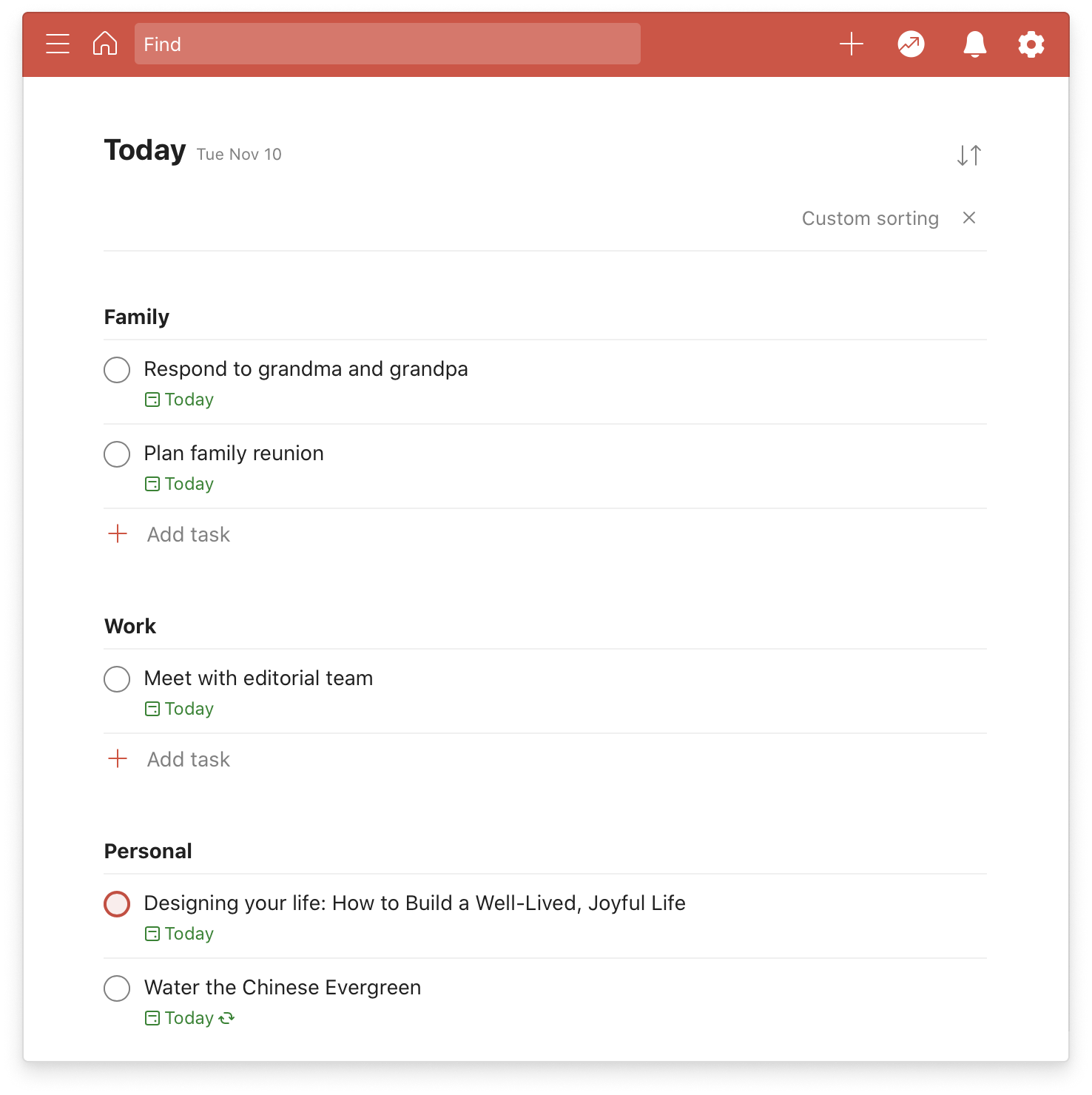 Todoist sort Today view grouped by project
