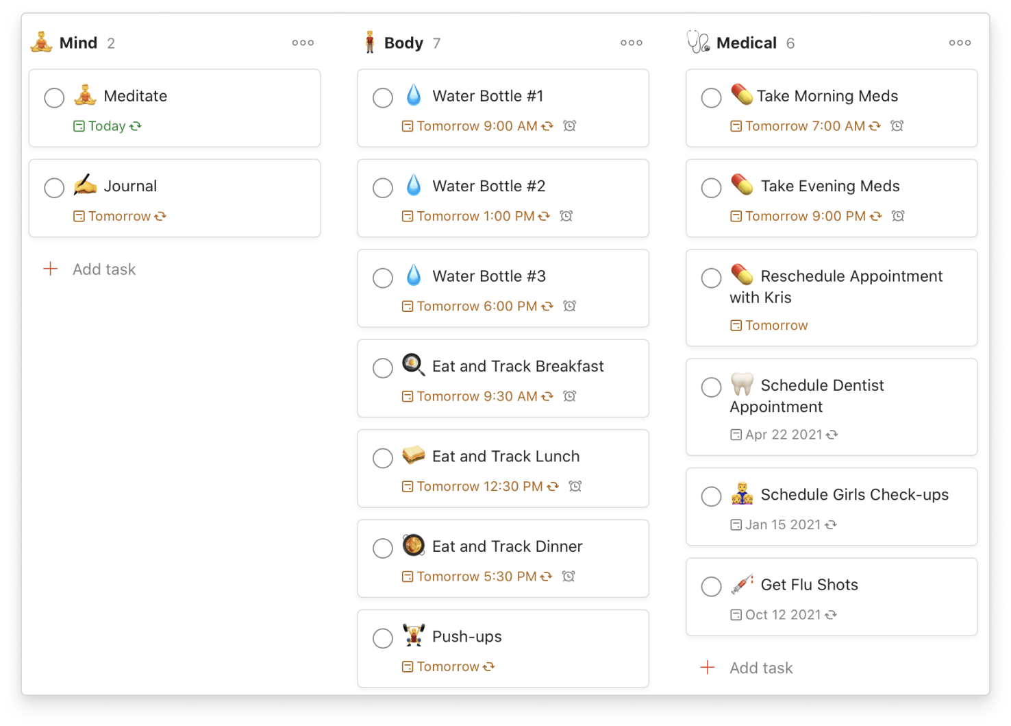 Todoist for health recurring tasks in project