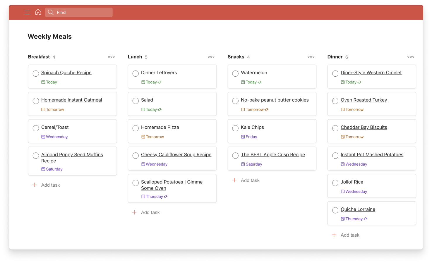 Todoist for Health meal plan