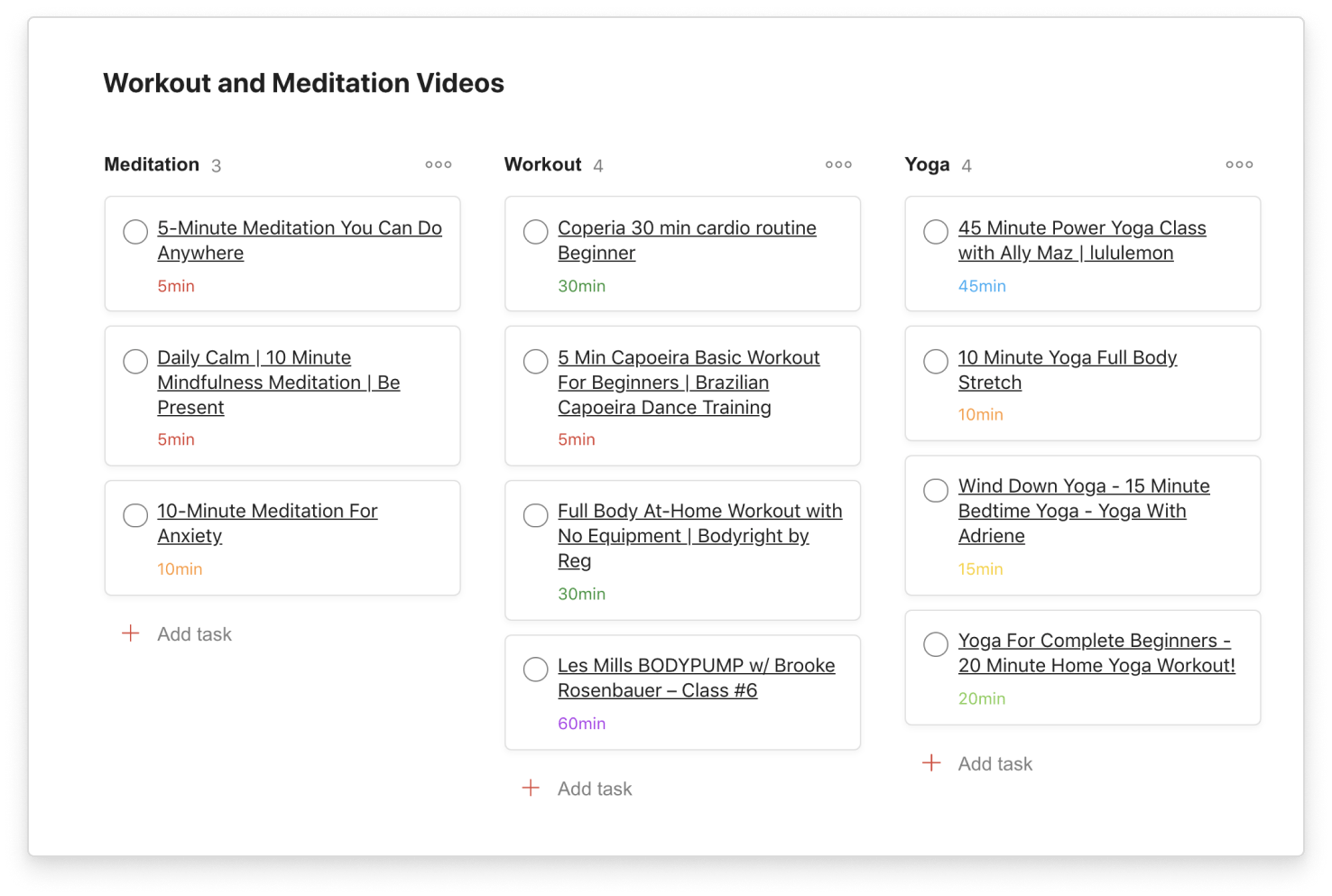 Todoist for health breaks meditation workout project
