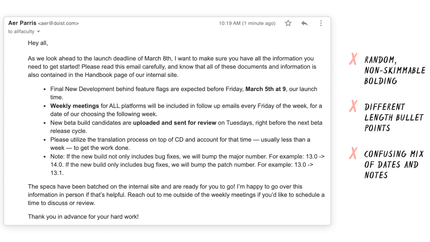This email example features random, non-skimmable bolding, different-length bullet points, and a confusing mix of dates and notes.