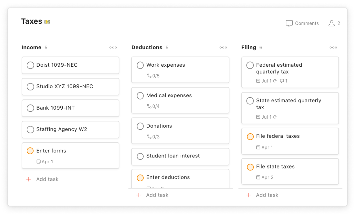 todoist for taxes boards