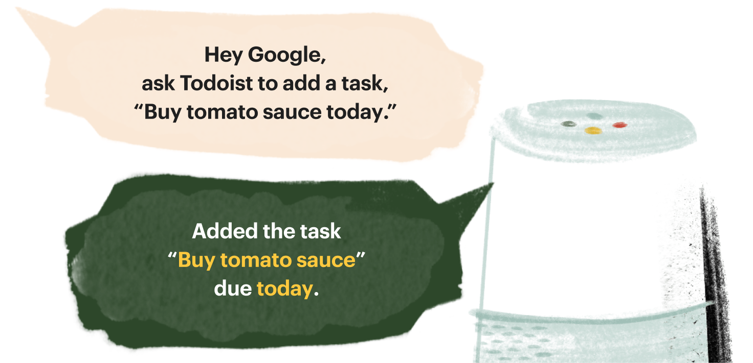 Say "Hey Google, ask Todoist to add a task buy tomato sauce today."