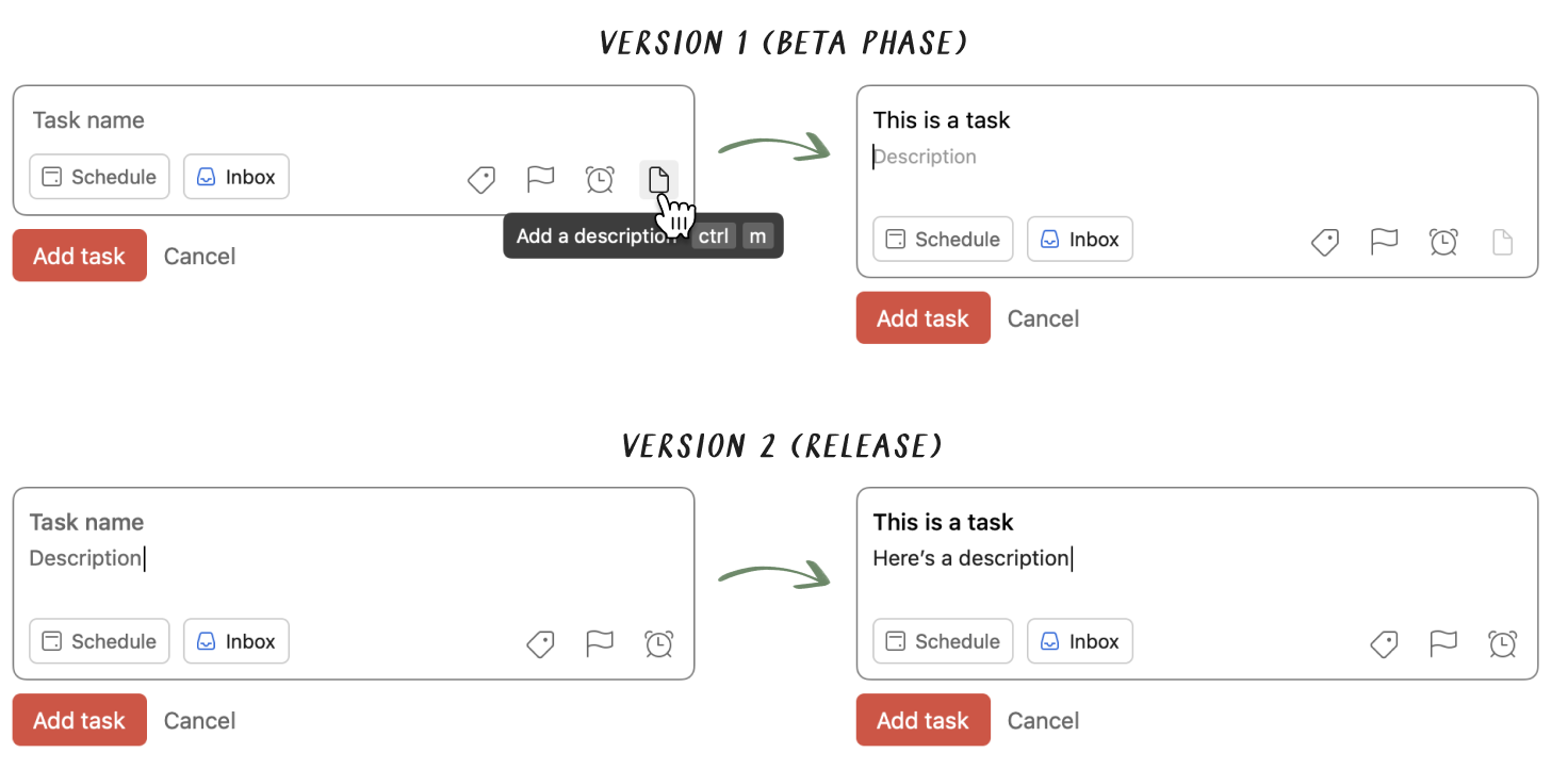 Before and after of task descriptions from beta to release
