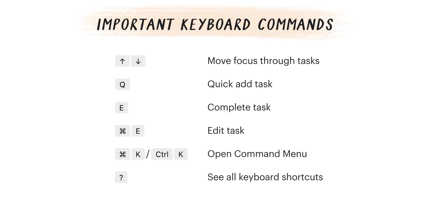 Important Keyboard Commands. Up arrow or down arrow moves focus through tasks. Search anything with /. Complete a task with E. Edit a task with ⌘ or Ctrl E. Open Command Menu with ⌘ K or Ctrl K. 