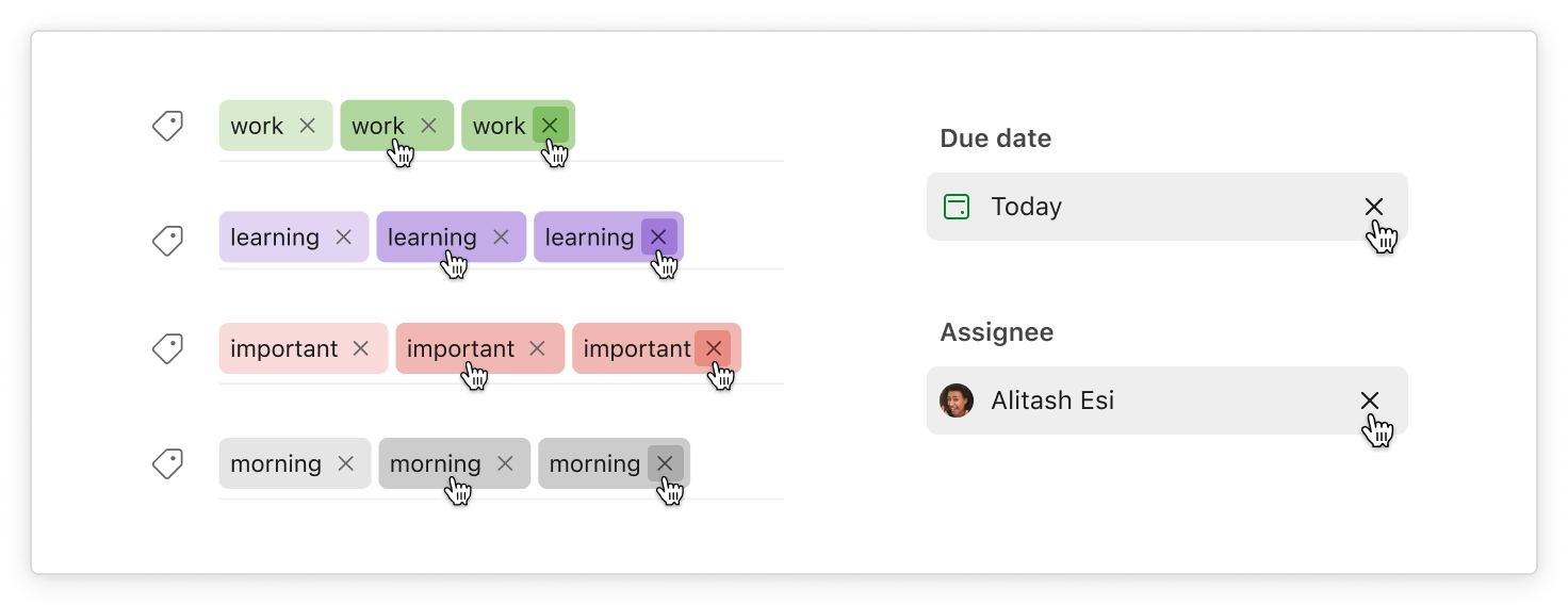 Multiple labels, the due date and assignee are listed with their hover states revealing the X buttons.